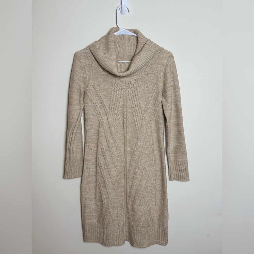 Boston Proper Cowl Oatmeal Tan Cable Knit Sweater Dress XS
